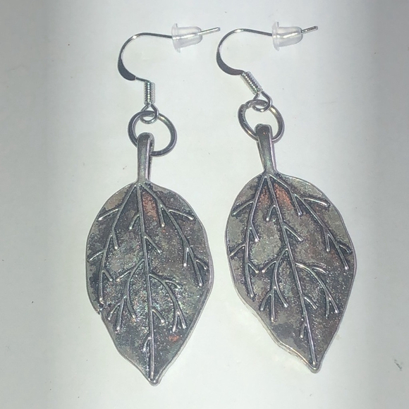 Boho Silver Tone Leaf Double Sided Dangling Pierced Earrings - Picture 2 of 5